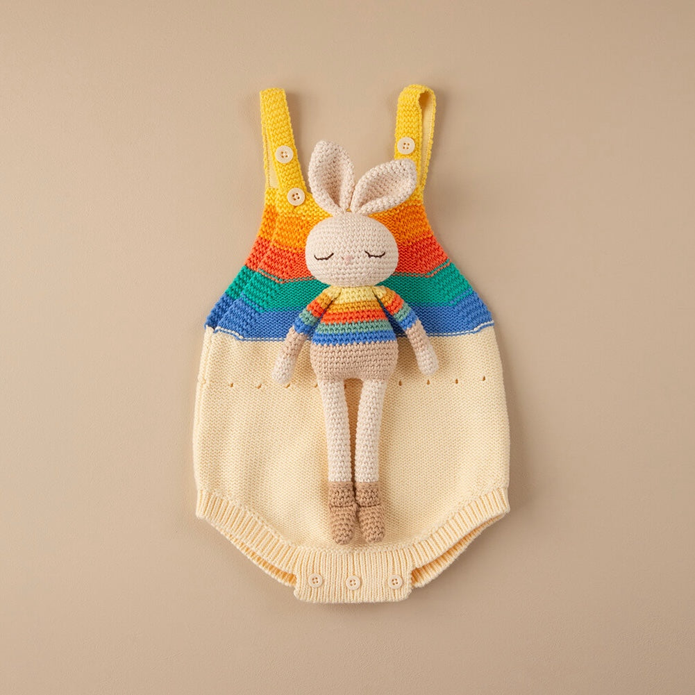 The bonniemob Organic Cotton Rainbow Stripe Bonnie Bunny Crochet Baby Toy