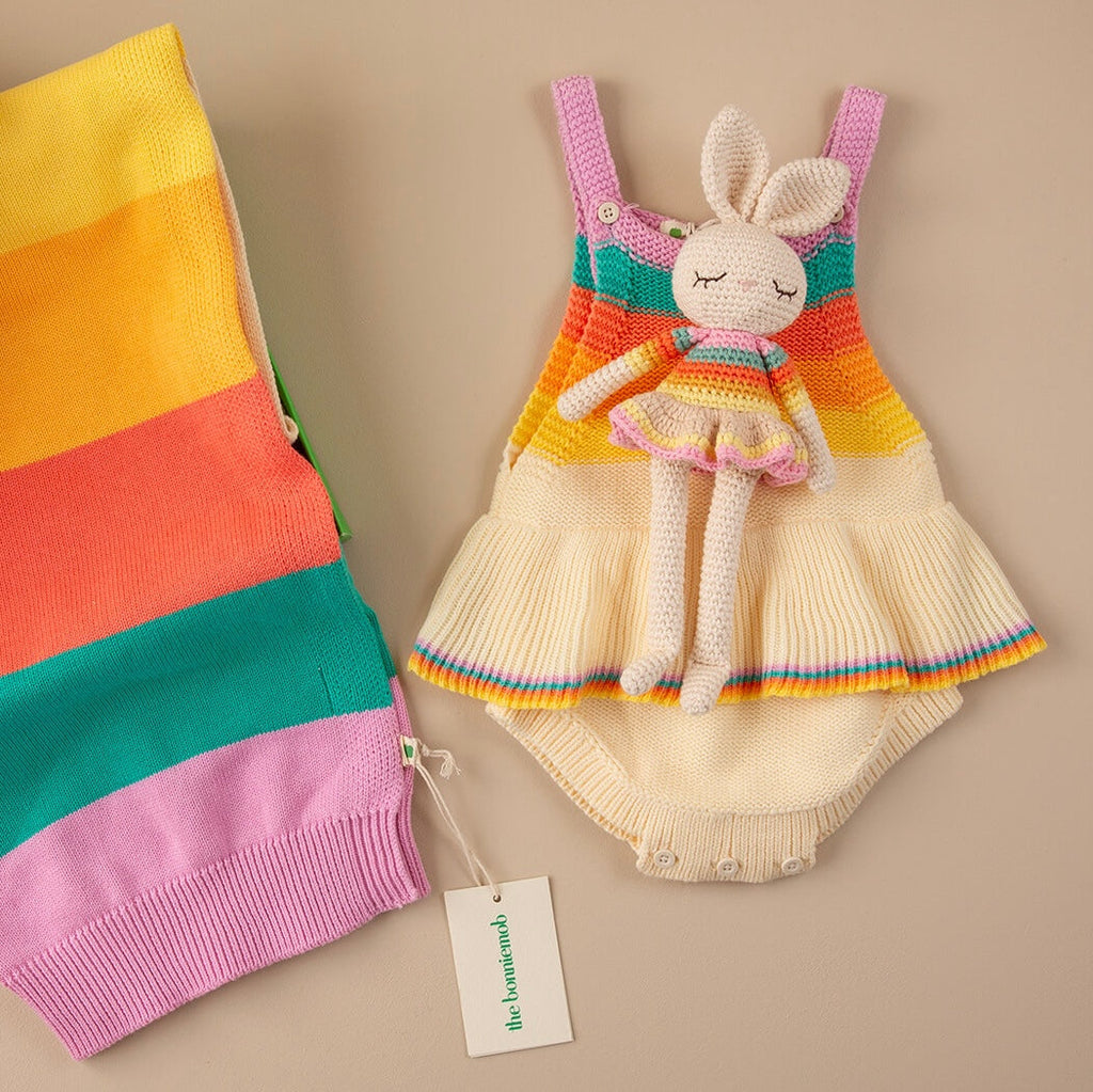 The bonniemob Organic Cotton Pink Rainbow Bonnie Ballerina Bunny Crochet Baby Toy