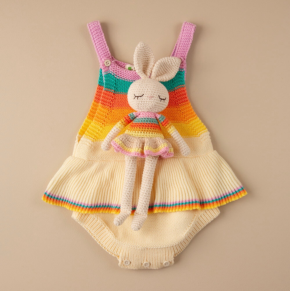The bonniemob Organic Cotton Pink Rainbow Bonnie Ballerina Bunny Crochet Baby Toy
