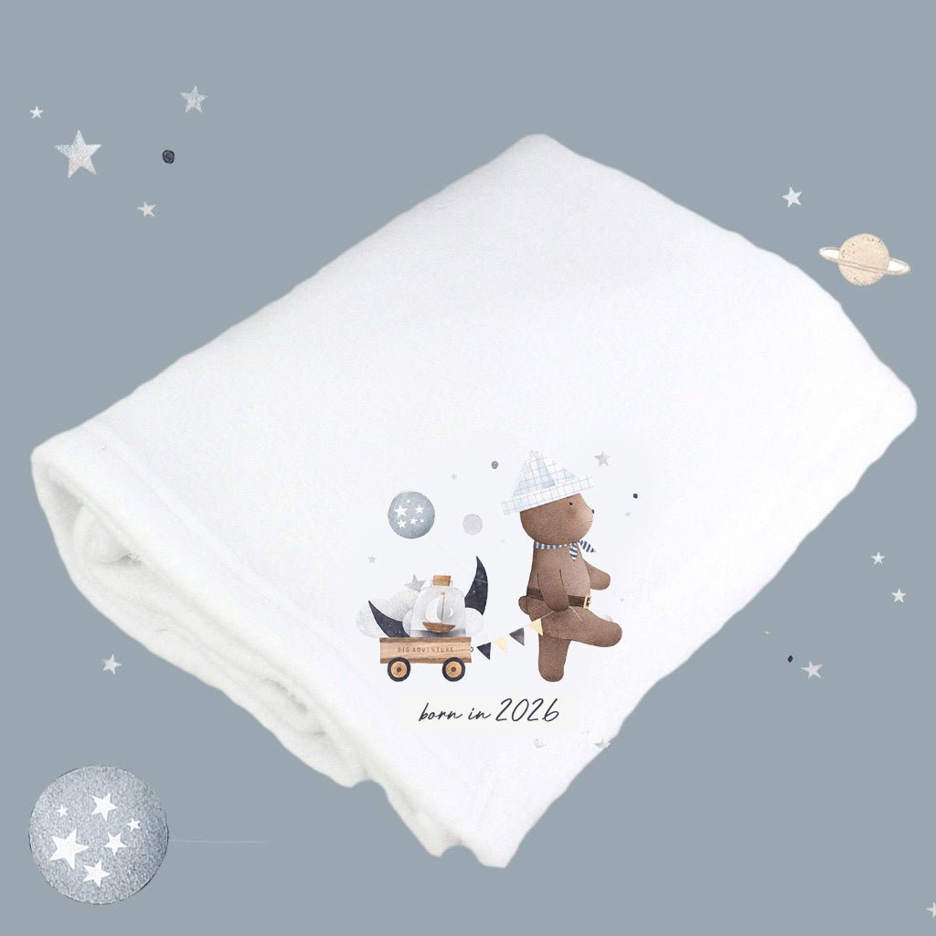 Born In 2026 Cute Bear White Cotton Baby Pram Blanket - Baby&More