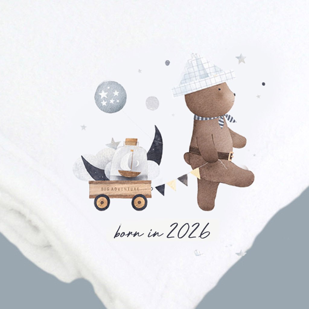 Born In 2026 Cute Bear White Cotton Baby Pram Blanket - Baby&More