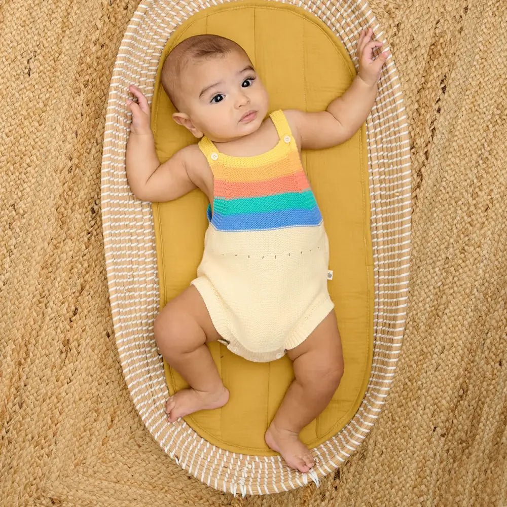 The bonniemob Rainbow Stripe Organic Knit Baby Romper