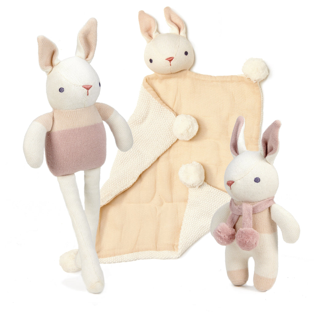 ThreadBear Design Organic Baby Comforter, Rattle & Doll Gift Set in Cream + Gift Box