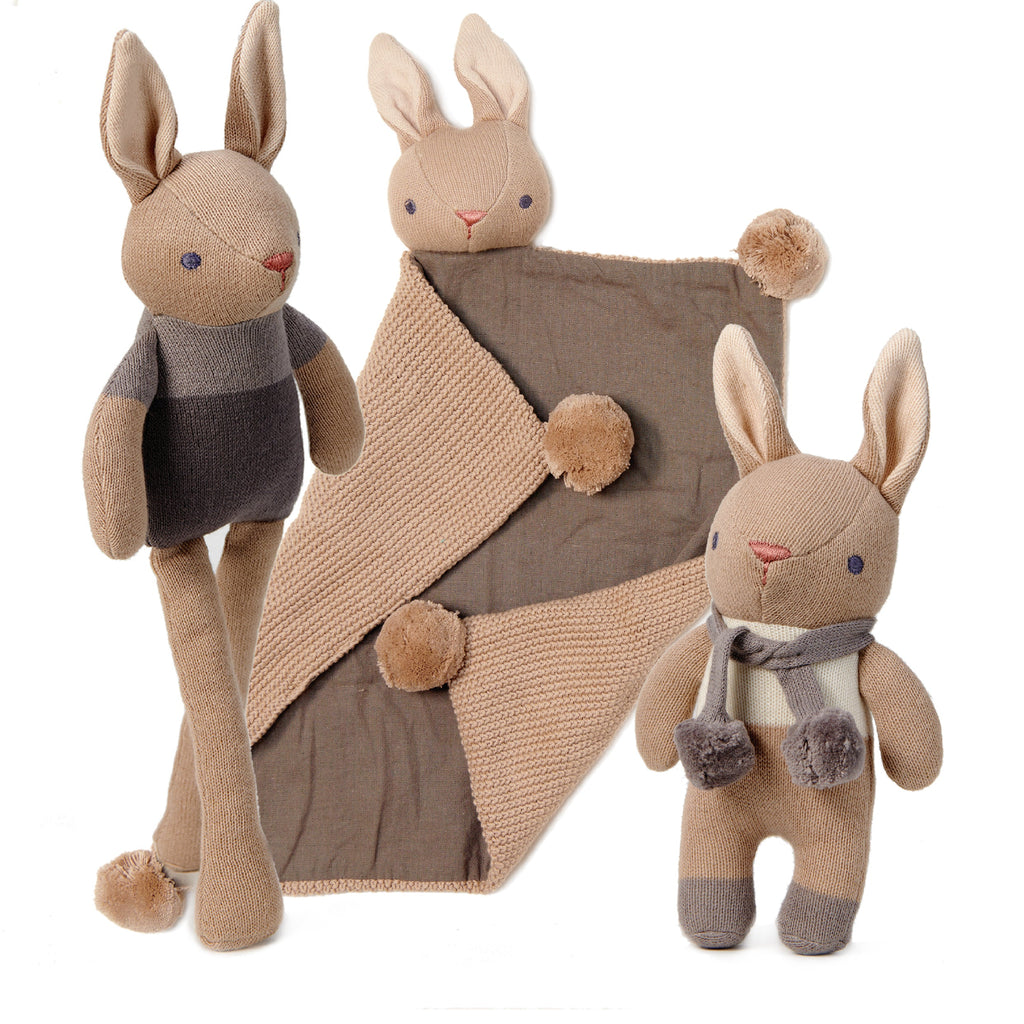 ThreadBear Design Organic Baby Comforter, Rattle & Doll Set in Taupe + Gift Box
