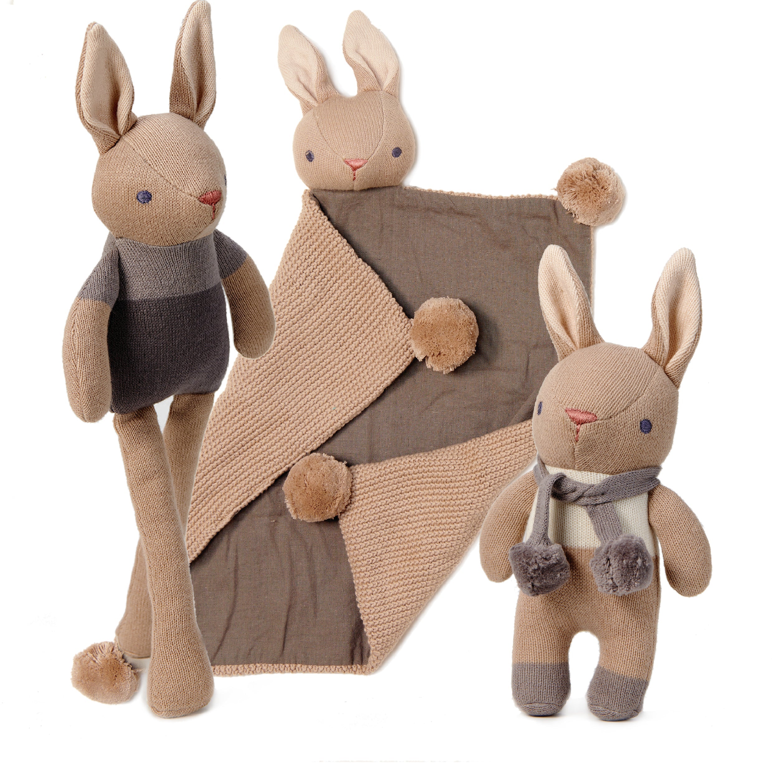 ThreadBear Design Organic Baby Comforter, Rattle & Doll Set in Taupe + Gift Box