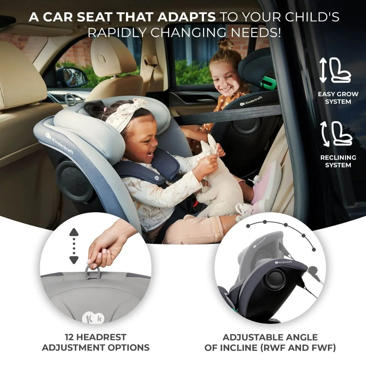 Kinderkraft i-Grow i-Size Car Seat Group 0+/1/2/3 (Birth to 12 Years) - Black