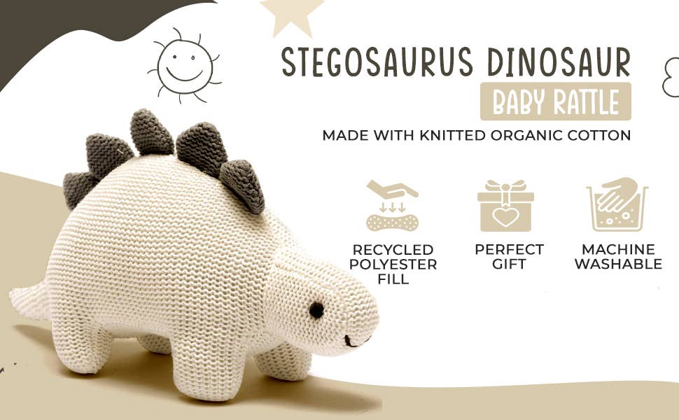 Best Years Ltd - Dinosaur Baby Rattle, Organic White Cotton Knit Stegosaurus