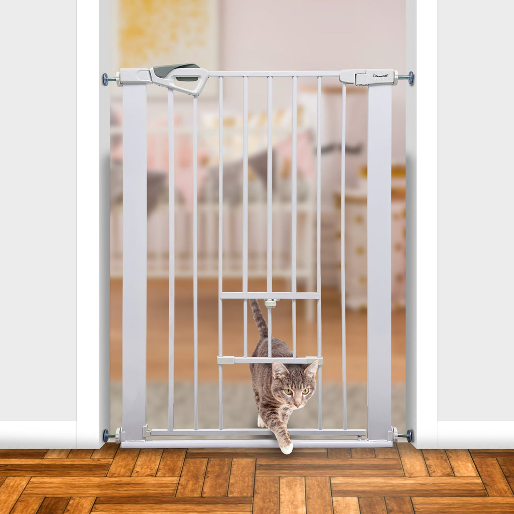 Callowesse Akita Extra Tall Baby & Pet Pressure Fit Door & Stair Safety Gate with Pet Opening | 75 - 82cm x H99cm - White - Baby&More