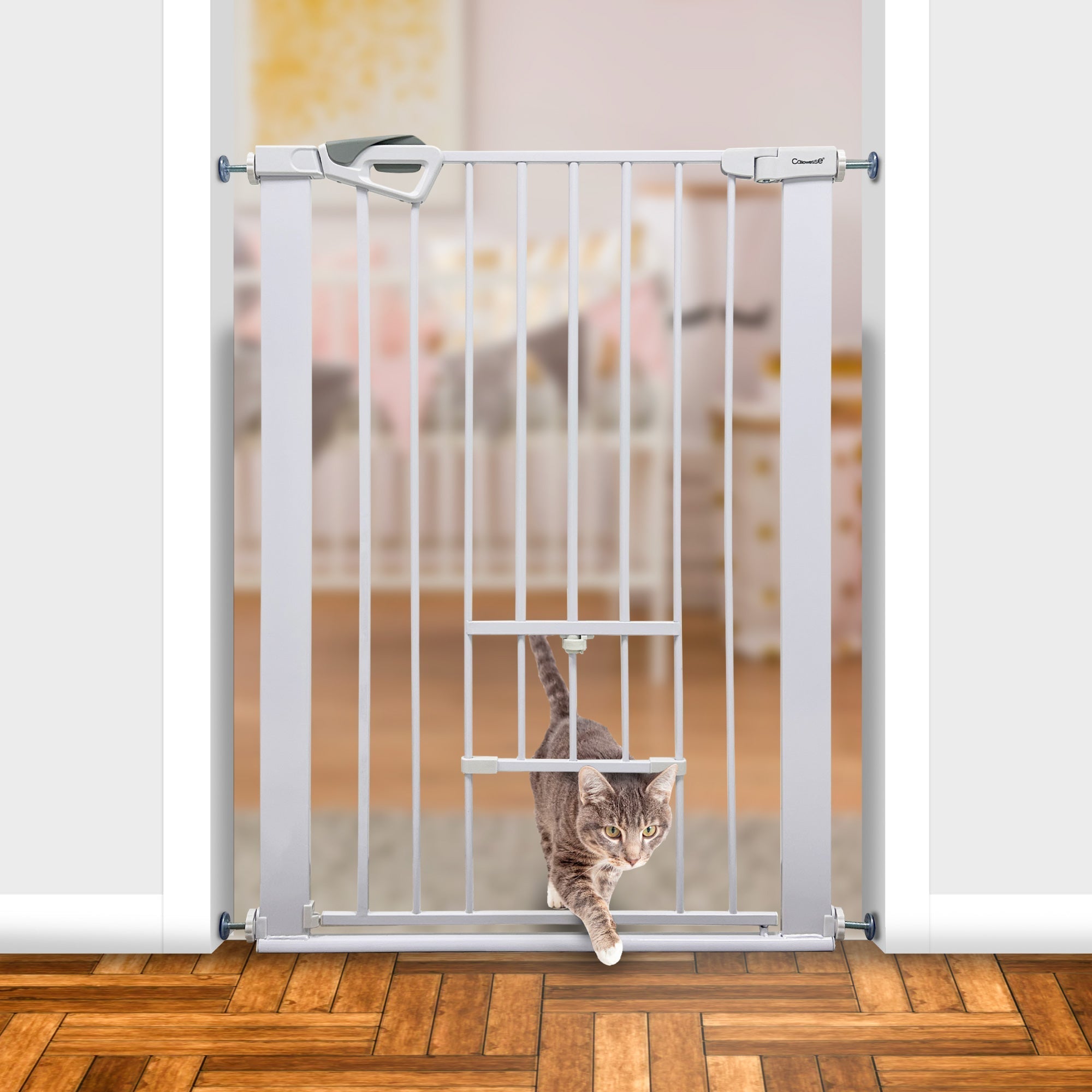 Callowesse Akita Extra Tall Baby & Pet Pressure Fit Door & Stair Safety Gate with Pet Opening | 75 - 82cm x H99cm - White - Baby&More