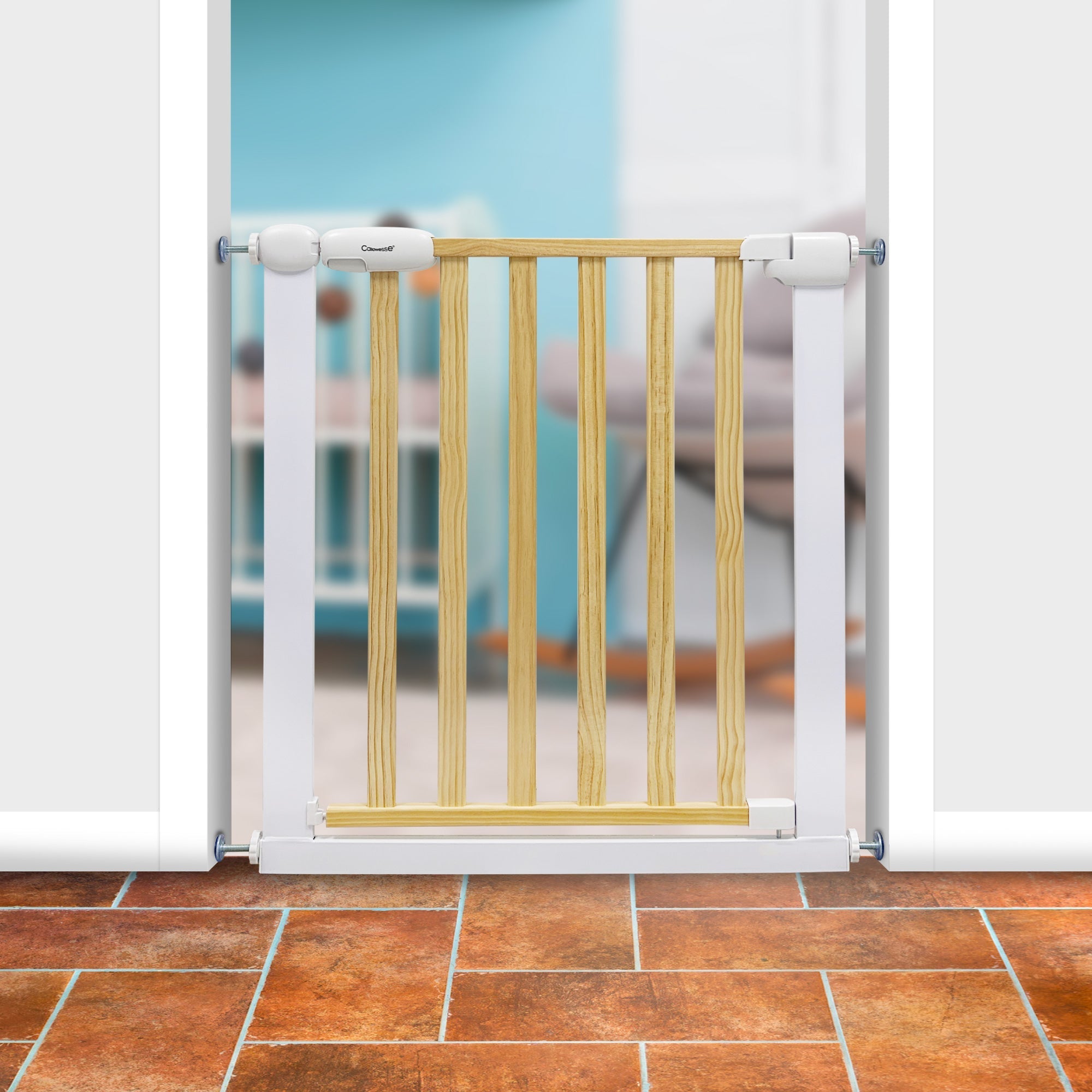 Callowesse Design Wood & Metal Pressure Fit Baby & Toddler Door & Stair Safety Gate - 76-83cm x H77cm - White - Baby&More