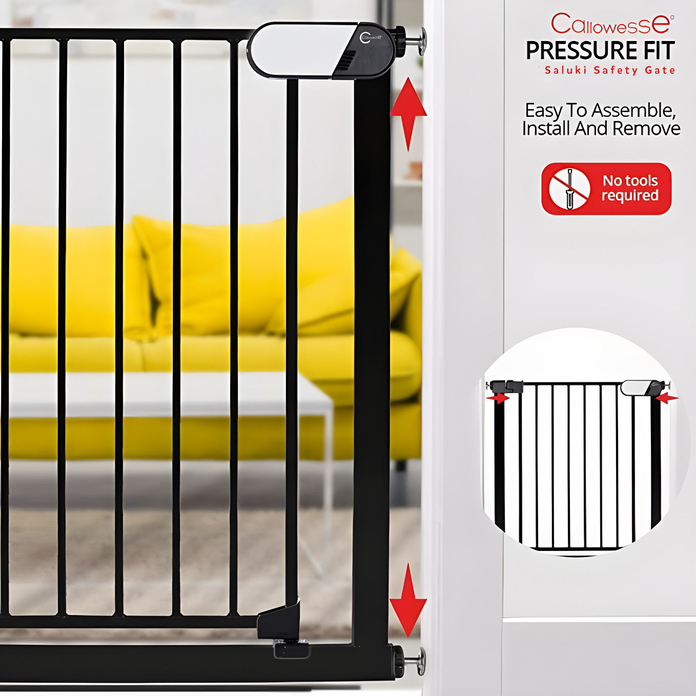 Callowesse Saluki Tall & Narrow Pressure Fit Child & Pet Safety Gate - 65-70cm x H96cm - Black