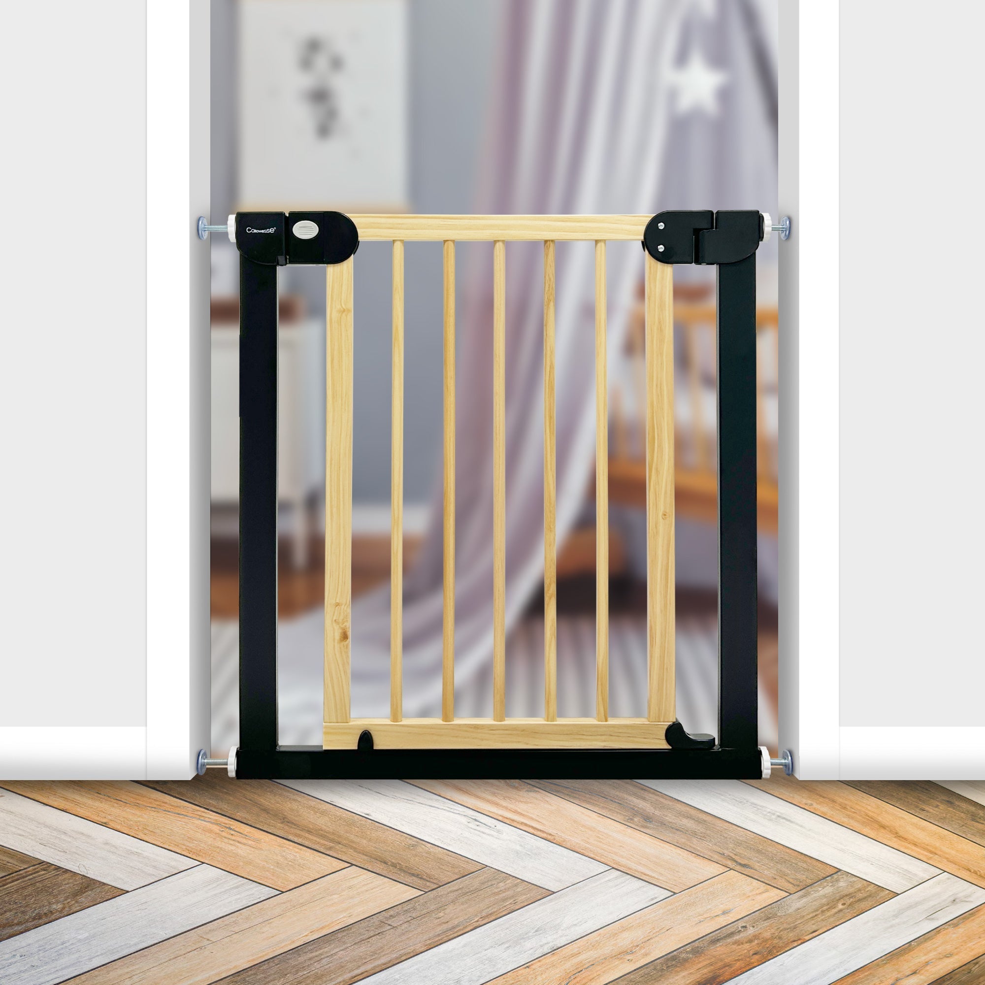 Callowesse Pressure Fit Baby & Toddler Safety Gate - 76-83cm x H77cm - Black/Wood - Baby&More