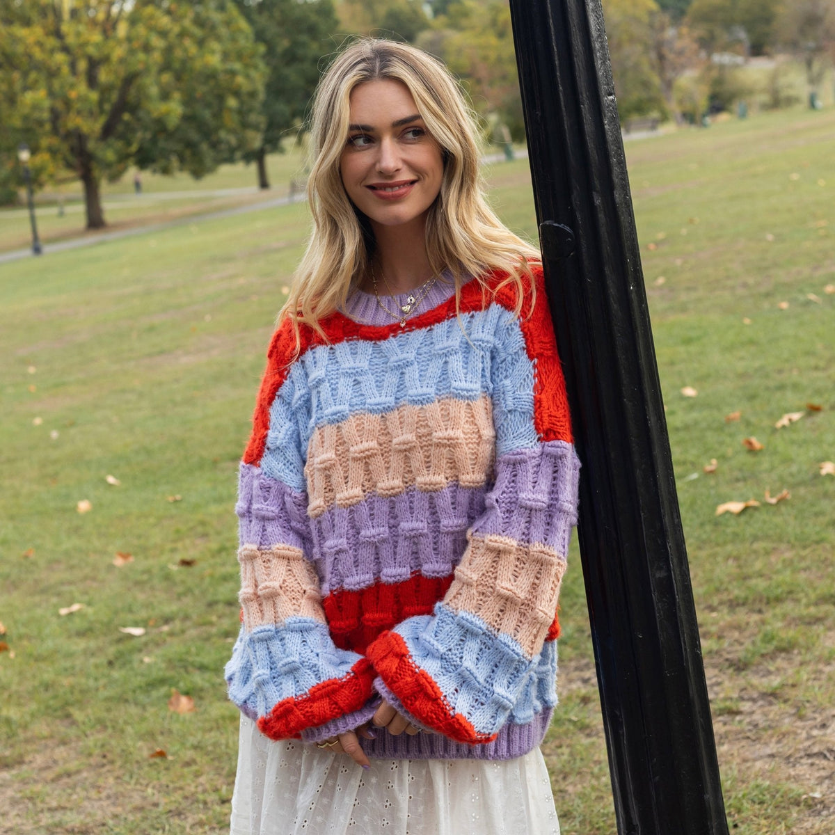 Cara & The Sky Mandy Criss-Cross Stitch Balloon Sleeve Stripe Ladies Jumper - Orange - Baby&More