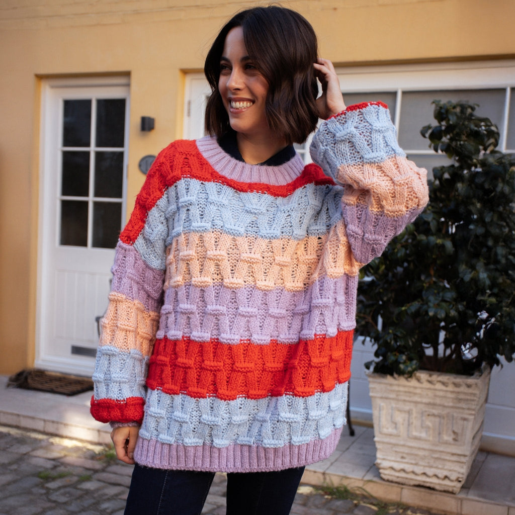 Cara & The Sky Mandy Criss-Cross Stitch Balloon Sleeve Stripe Ladies Jumper - Orange - Baby&More