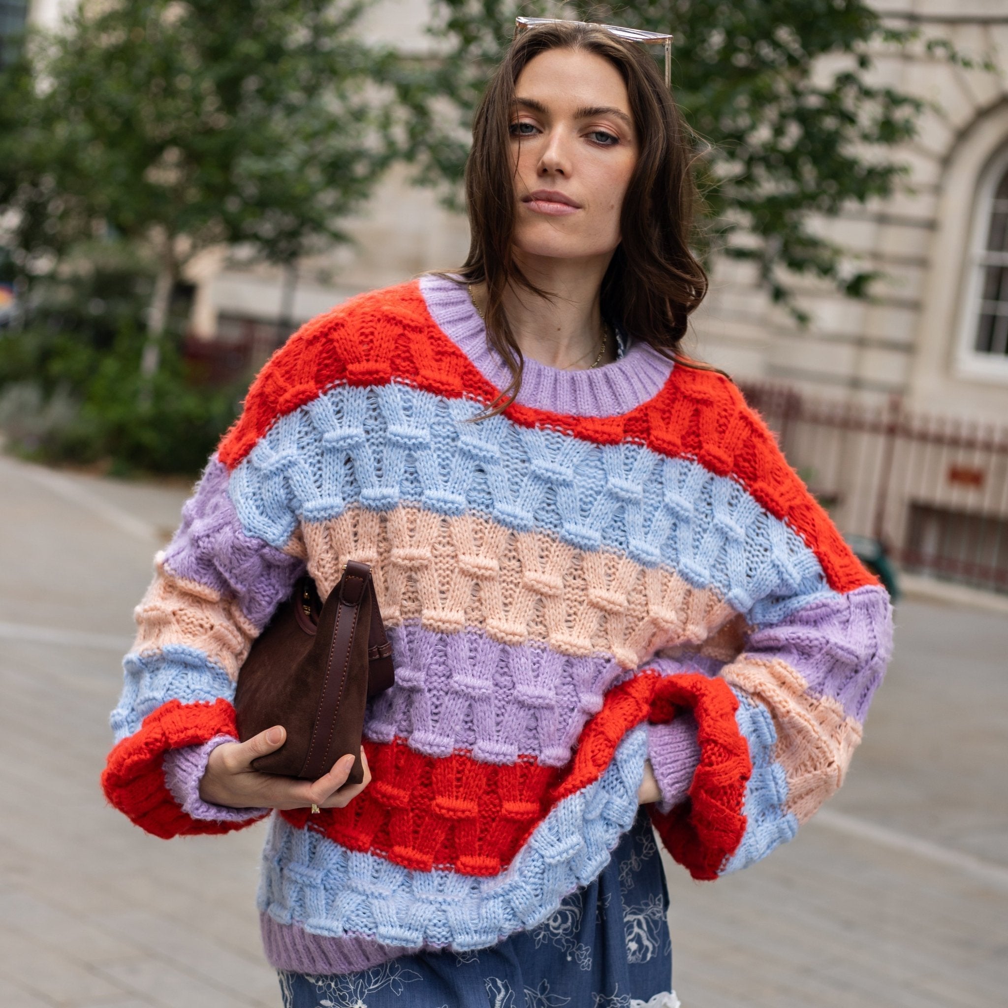 Cara & The Sky Mandy Criss-Cross Stitch Balloon Sleeve Stripe Ladies Jumper - Orange - Baby&More