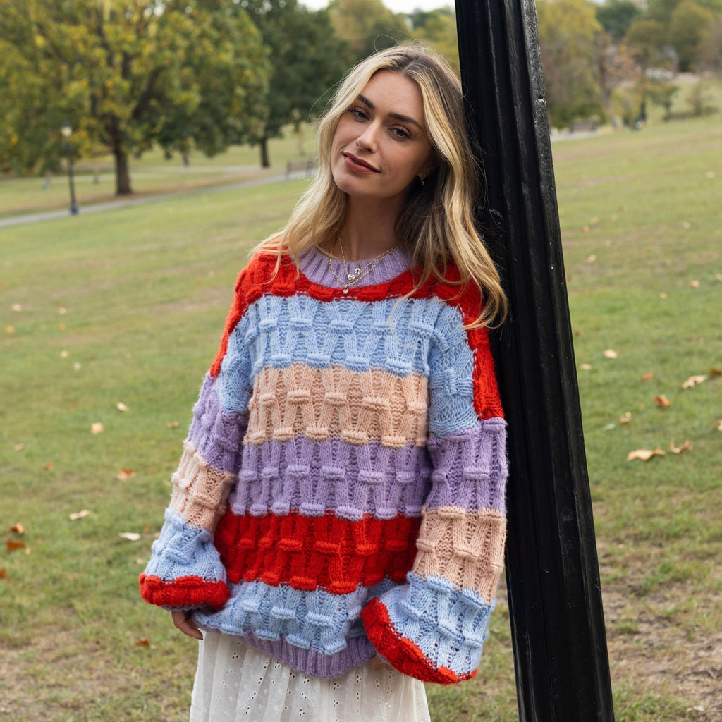 Cara & The Sky Mandy Criss-Cross Stitch Balloon Sleeve Stripe Ladies Jumper - Orange - Baby&More