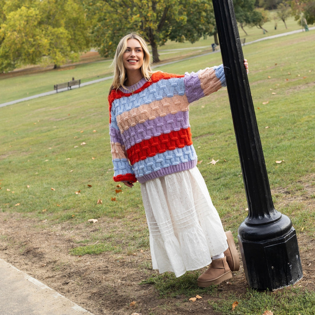 Cara & The Sky Mandy Criss-Cross Stitch Balloon Sleeve Stripe Ladies Jumper - Orange - Baby&More