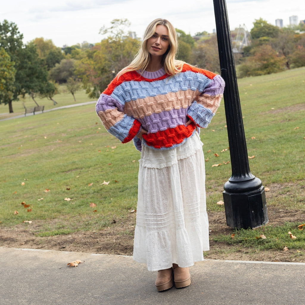 Cara & The Sky Mandy Criss-Cross Stitch Balloon Sleeve Stripe Ladies Jumper - Orange - Baby&More