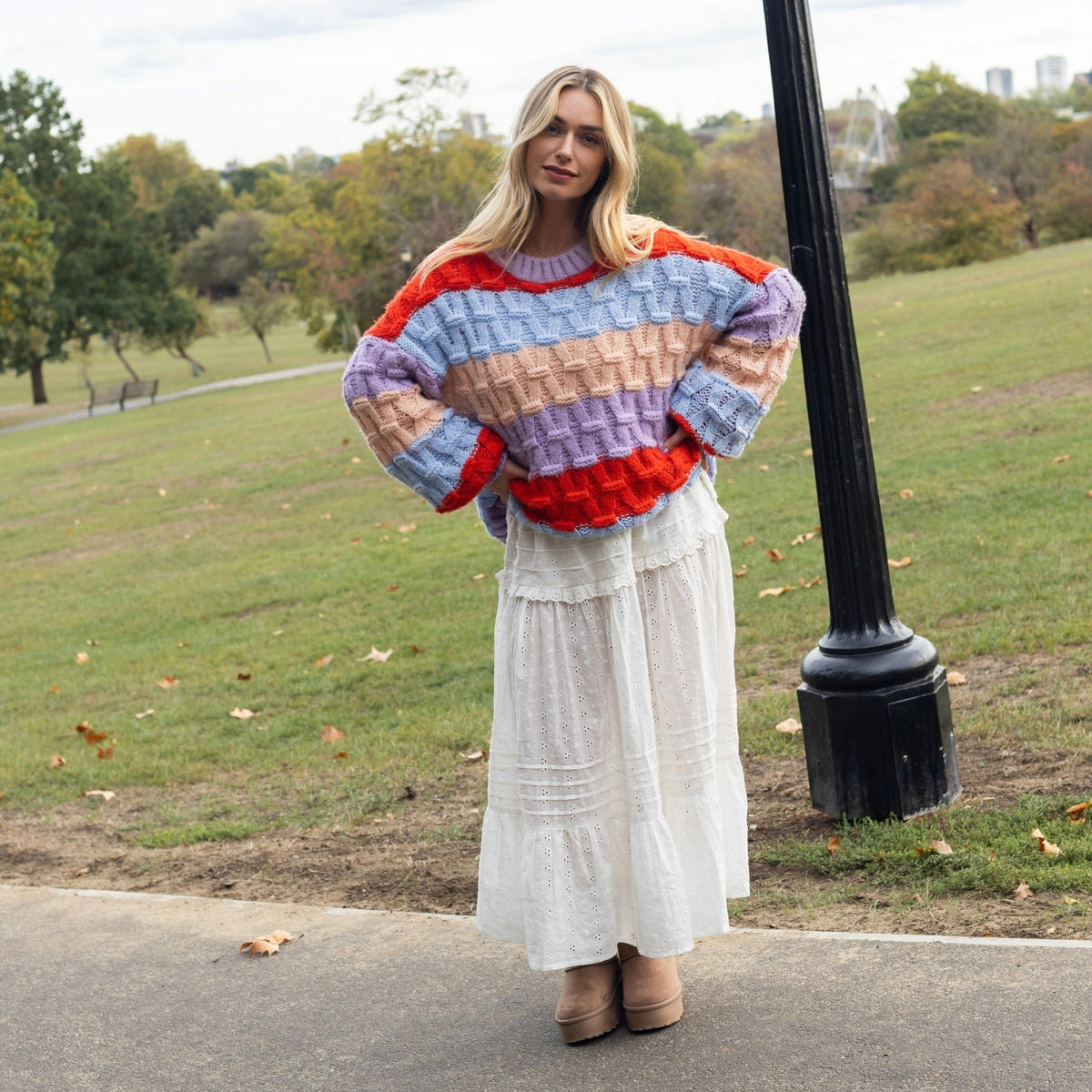 Cara & The Sky Mandy Criss-Cross Stitch Balloon Sleeve Stripe Ladies Jumper - Orange - Baby&More