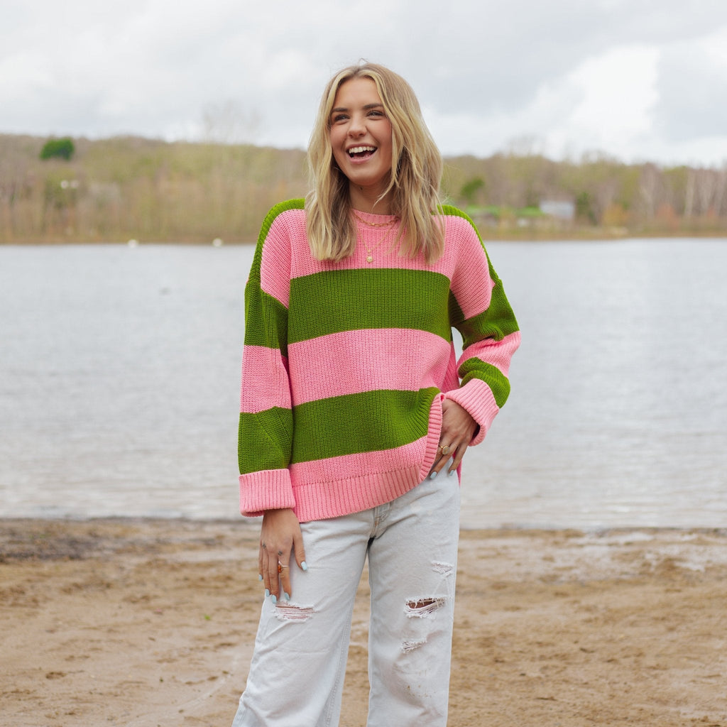 Cara & The Sky Rhiannon Recycled Cotton Blend Stripe Ladies Jumper - Pink and Green - Baby&More