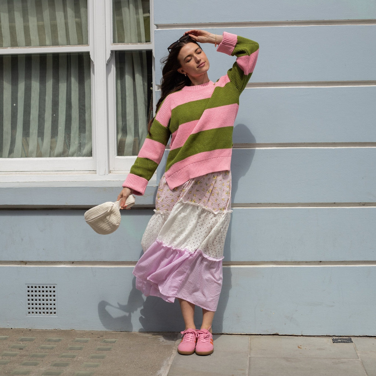Cara & The Sky Rhiannon Recycled Cotton Blend Stripe Ladies Jumper - Pink and Green - Baby&More