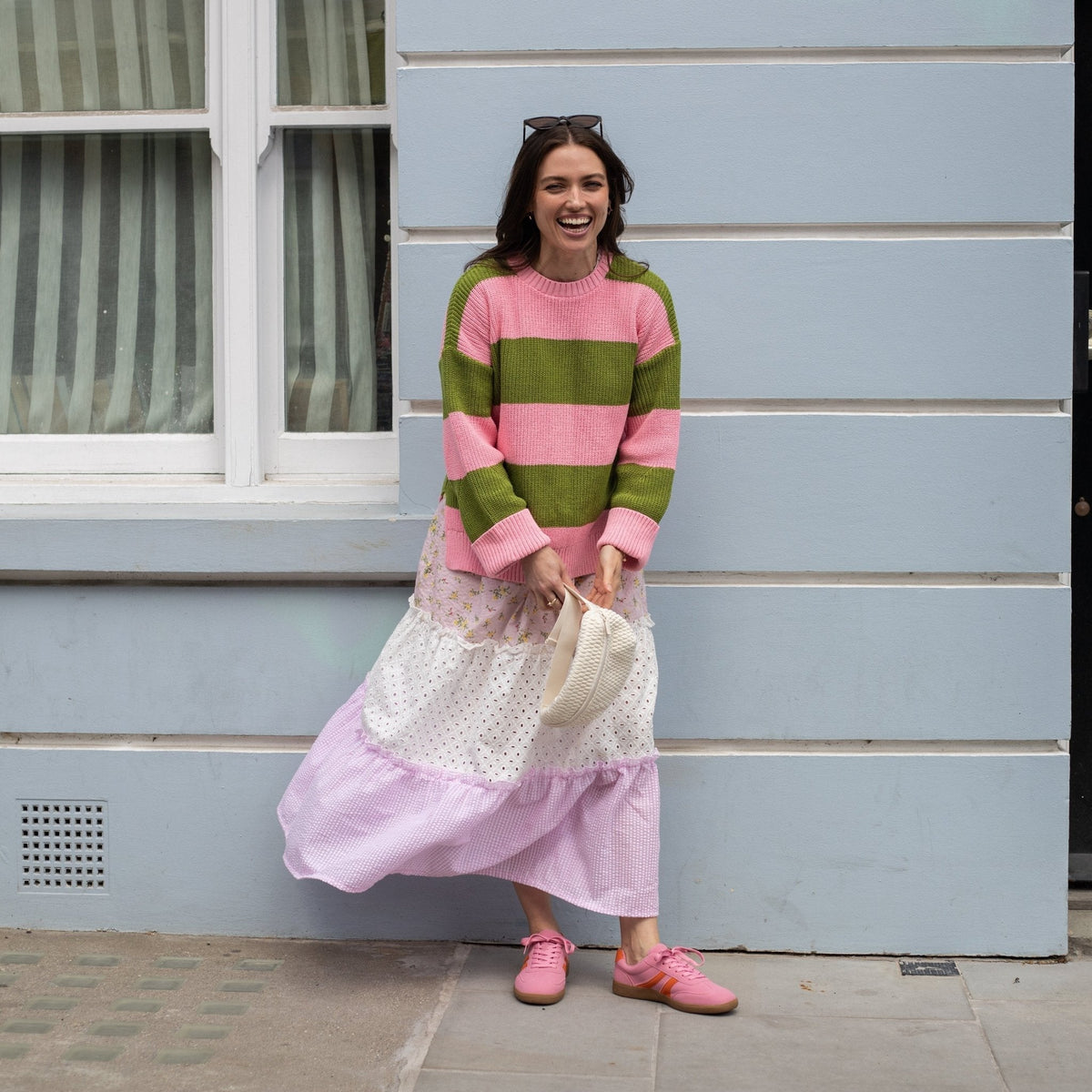 Cara & The Sky Rhiannon Recycled Cotton Blend Stripe Ladies Jumper - Pink and Green - Baby&More
