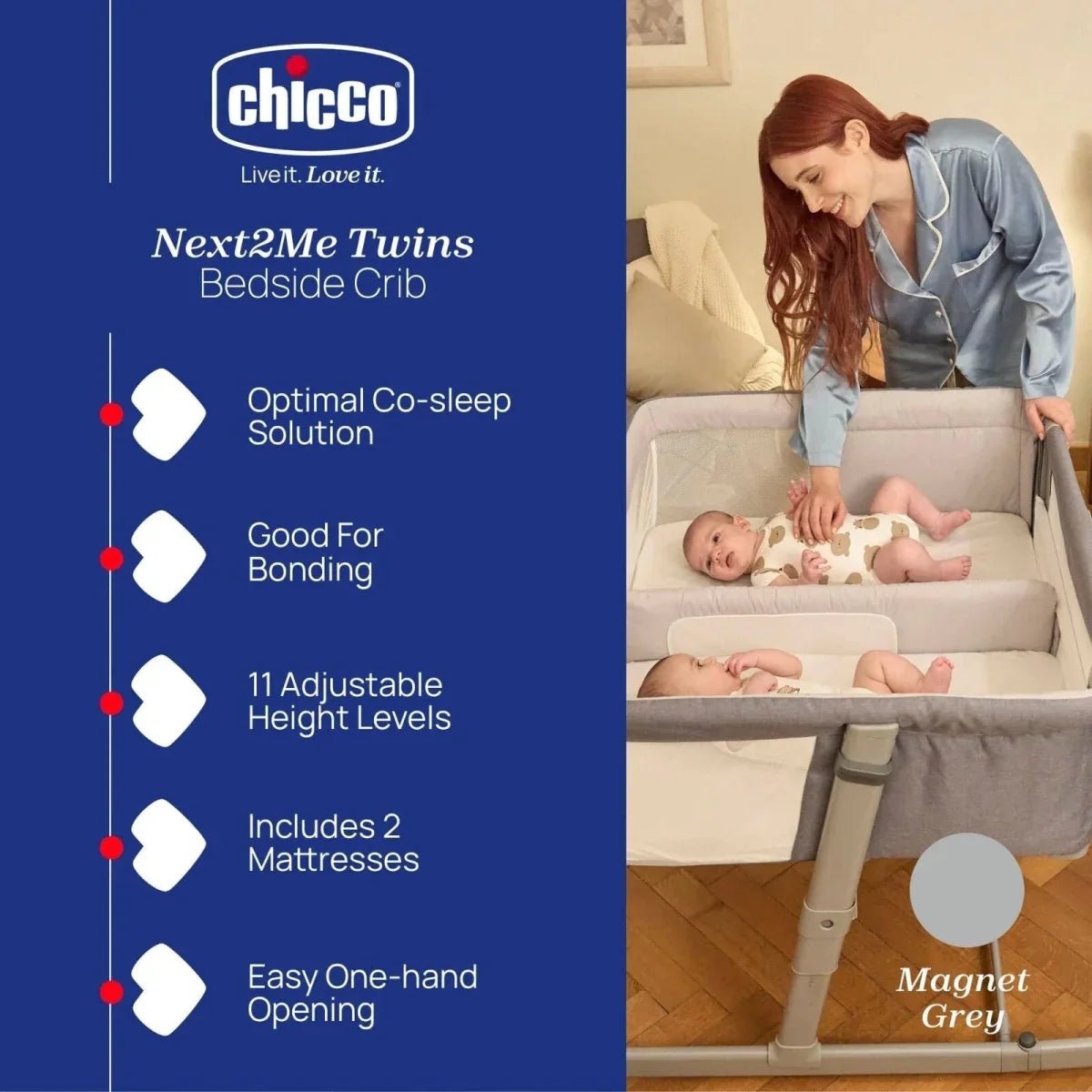 Chicco Next2Me Twins Crib - Magnet Grey - Baby&More