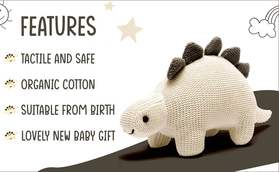 Best Years Ltd - Dinosaur Baby Rattle, Organic White Cotton Knit Stegosaurus
