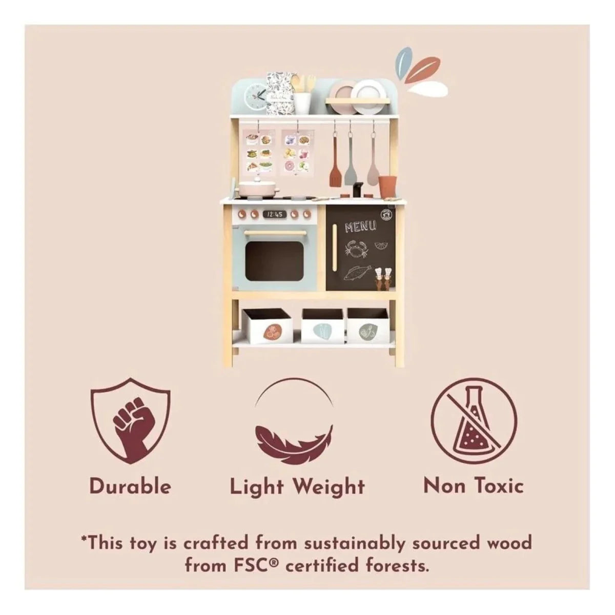 Speedy Monkey Wooden Play Kitchen with Accessories - 20 pcs