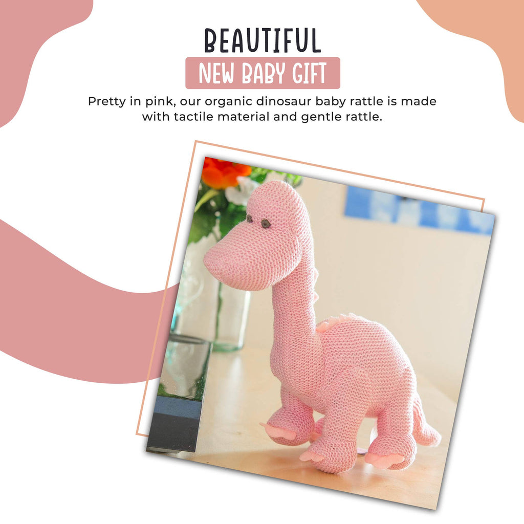 Best Years Ltd - Dinosaur Baby Rattle, Knitted Organic Cotton Pink Diplodocus