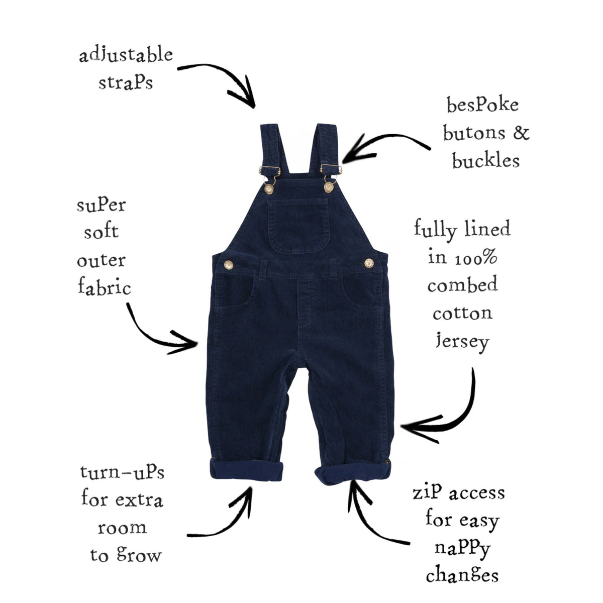 Dotty Dungarees Corduroy Dungarees - Navy Blue - Baby&More