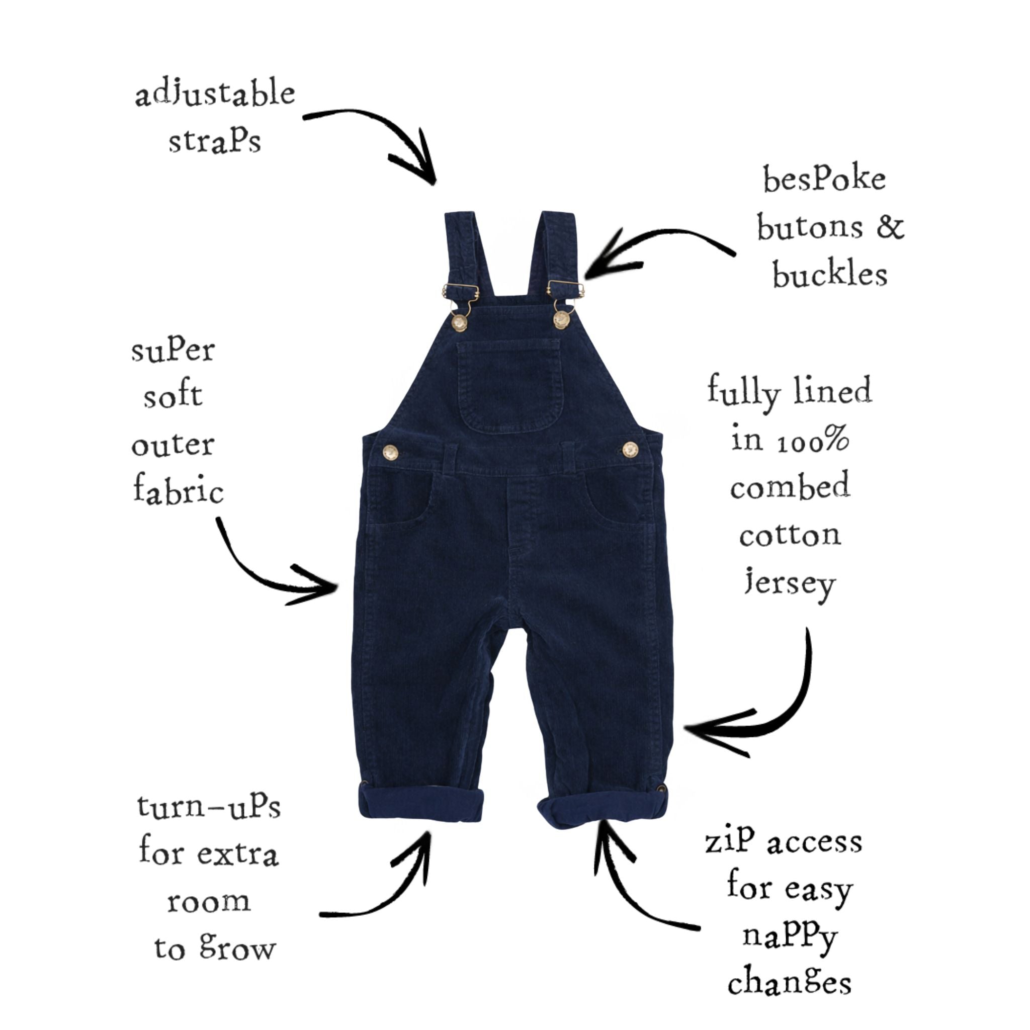 Dotty Dungarees Corduroy Dungarees - Navy Blue