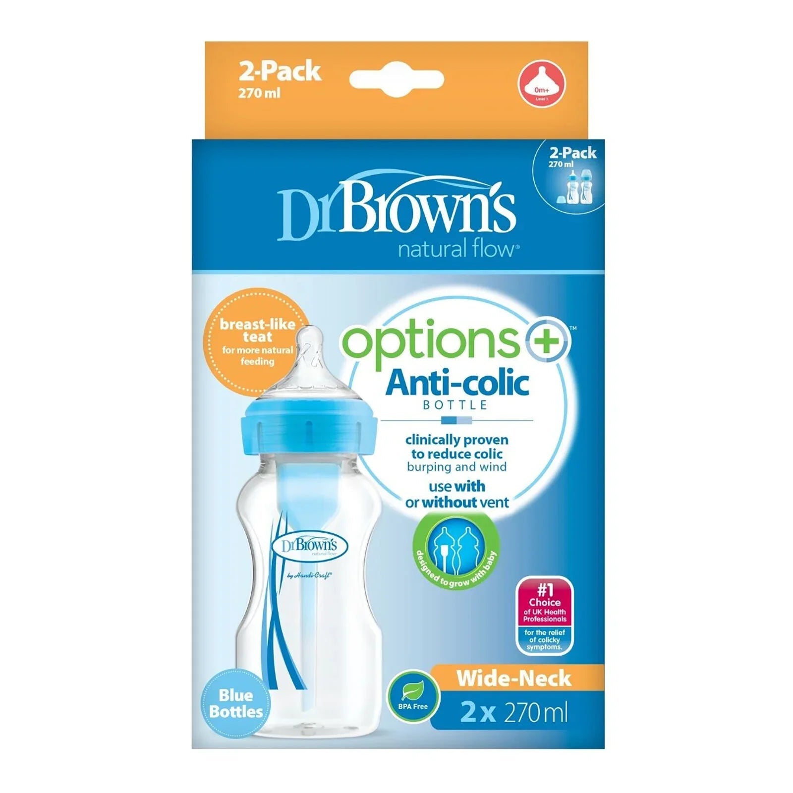 Dr. Brown's Options+ Anti - Colic Baby Bottle Wide Neck - Blue - 270ml - Pack of 2 - Baby&More