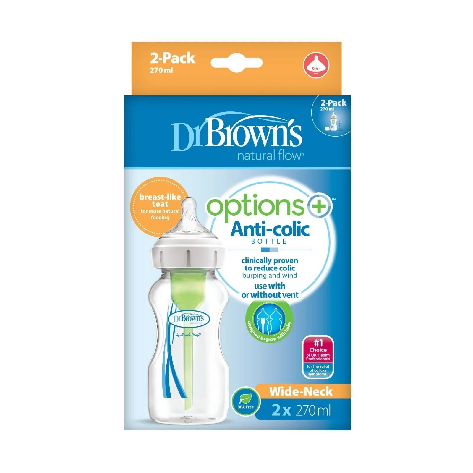 Dr. Brown's Options+ Anti - Colic Wide Neck Baby Bottle - 270ml - Pack of 2 - Baby&More