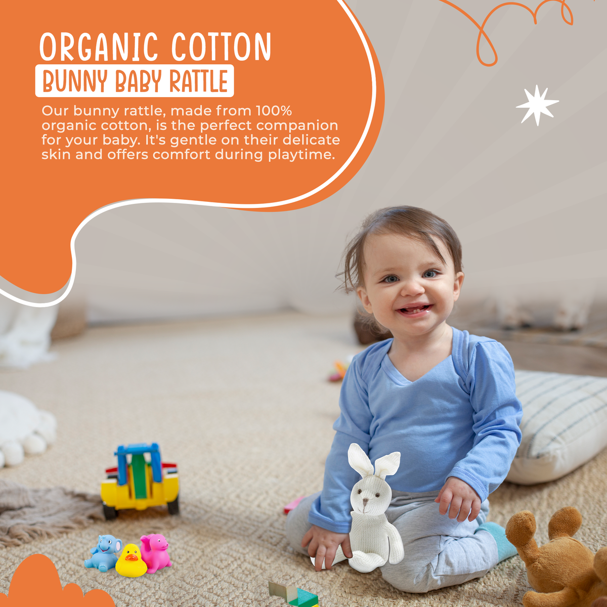Best Years Ltd - White Bunny Rabbit Baby Rattle, Knitted Organic Cotton