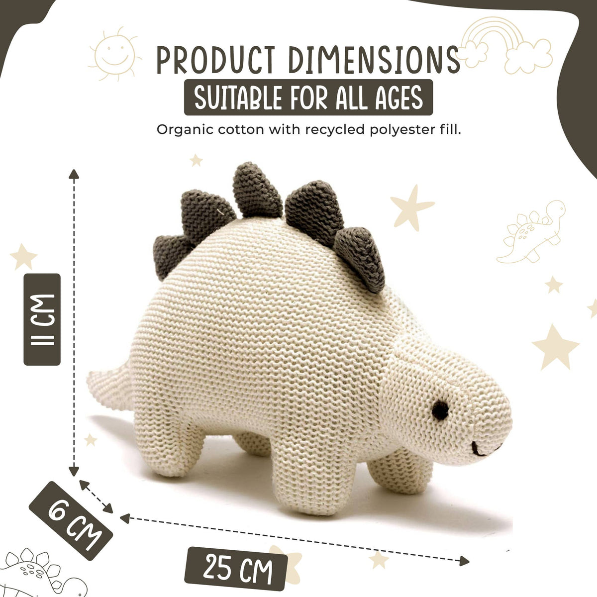 Best Years Ltd - Dinosaur Baby Rattle, Organic White Cotton Knit Stegosaurus