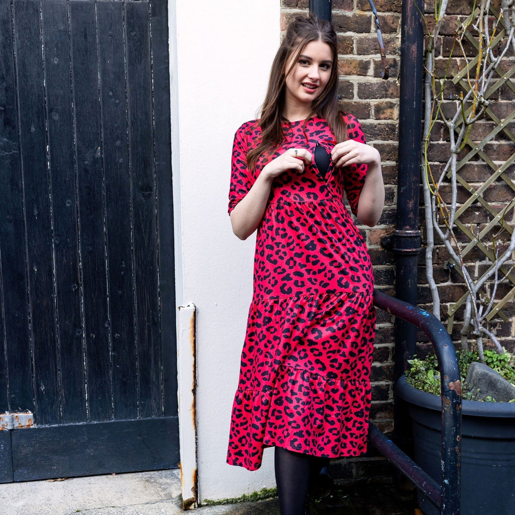 The Midi Breastfeeding Dress - Red Leopard