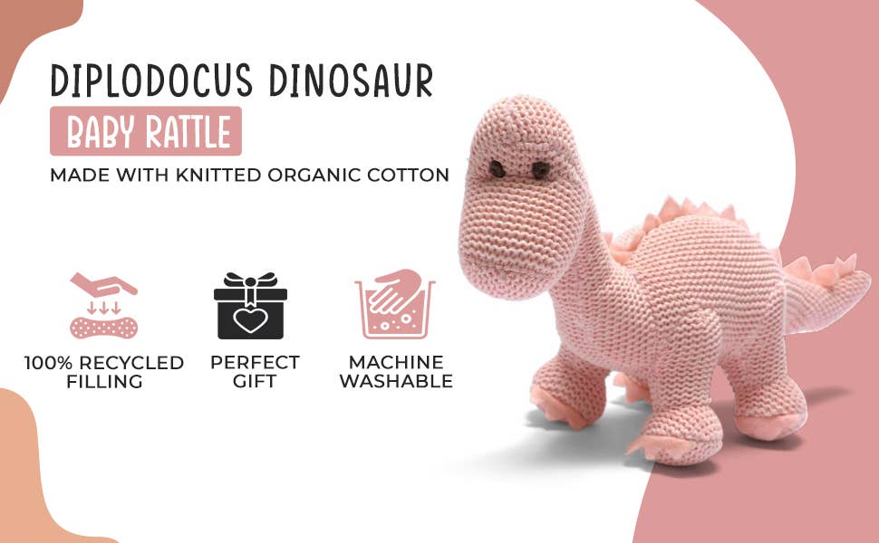 Best Years Ltd - Dinosaur Baby Rattle, Knitted Organic Cotton Pink Diplodocus