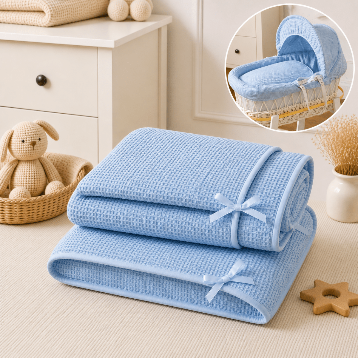 For Your Little One Moses Basket Bedding Set - Blue Waffle (Basket Not Included!) - Baby&More
