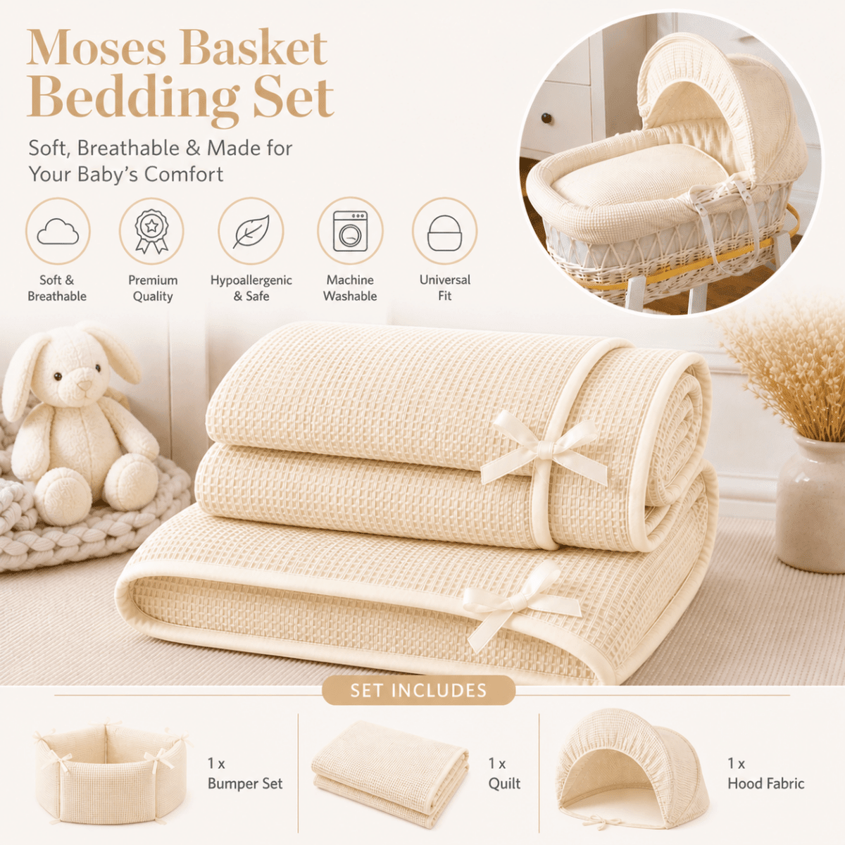 For Your Little One Moses Basket Bedding Set - Cream Waffle (Basket Not Included!) - Baby&More