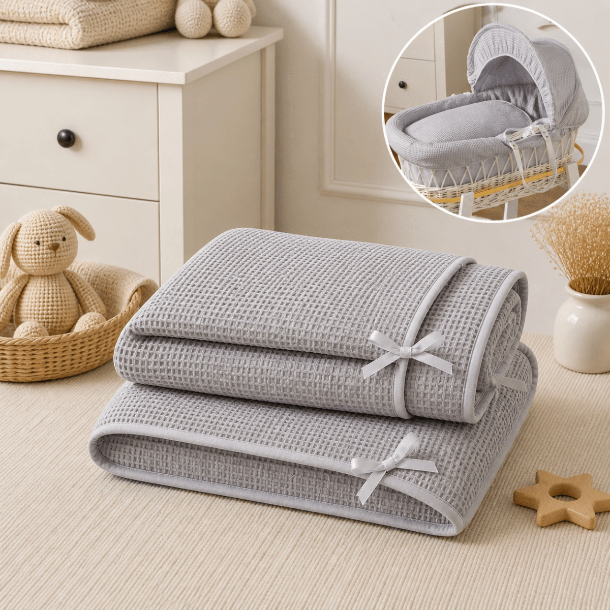 For Your Little One Moses Basket Bedding Set - Grey Waffle (Basket Not Included!) - Baby&More