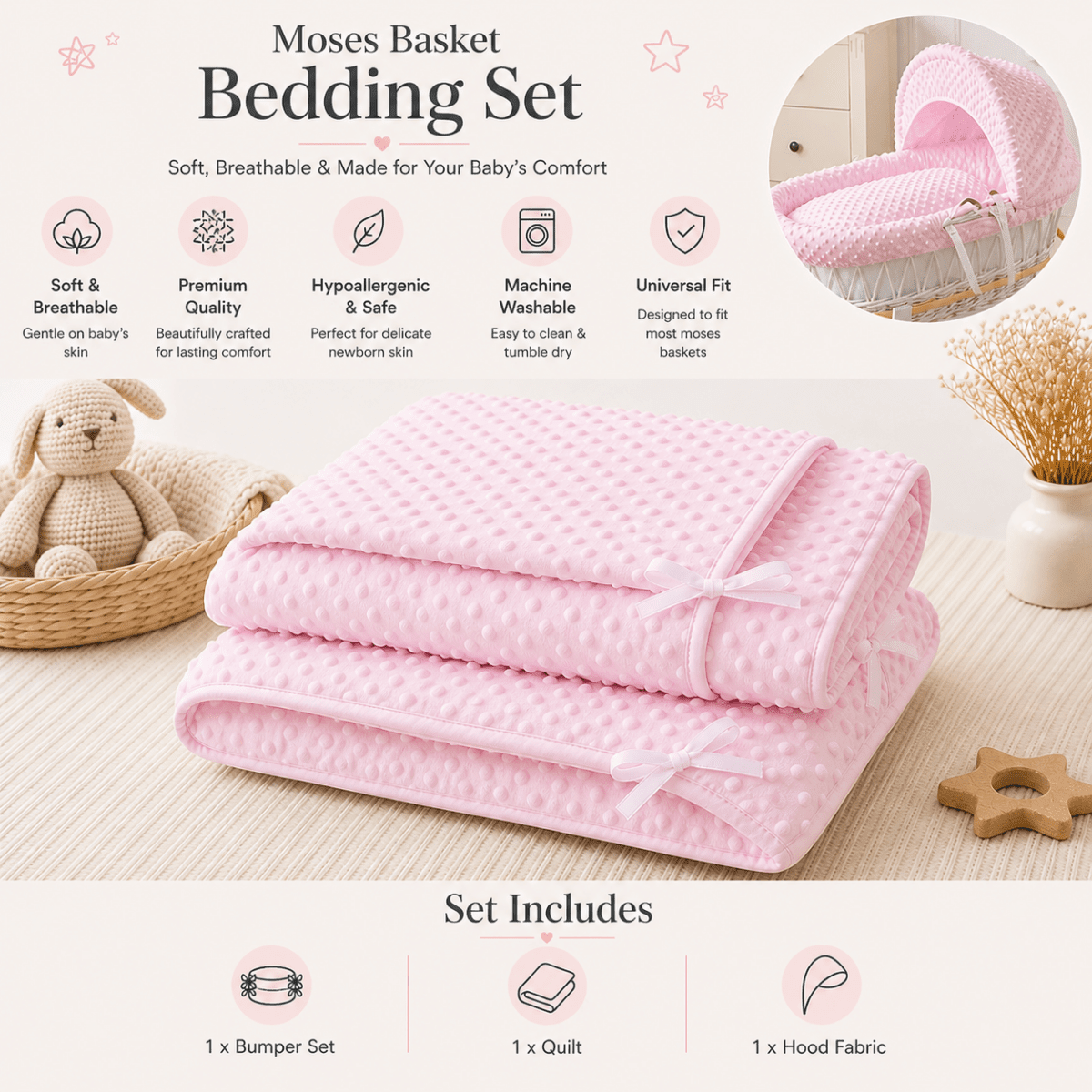 For Your Little One Moses Basket Bedding Set - Pink Dimple (Basket Not Included!) - Baby&More
