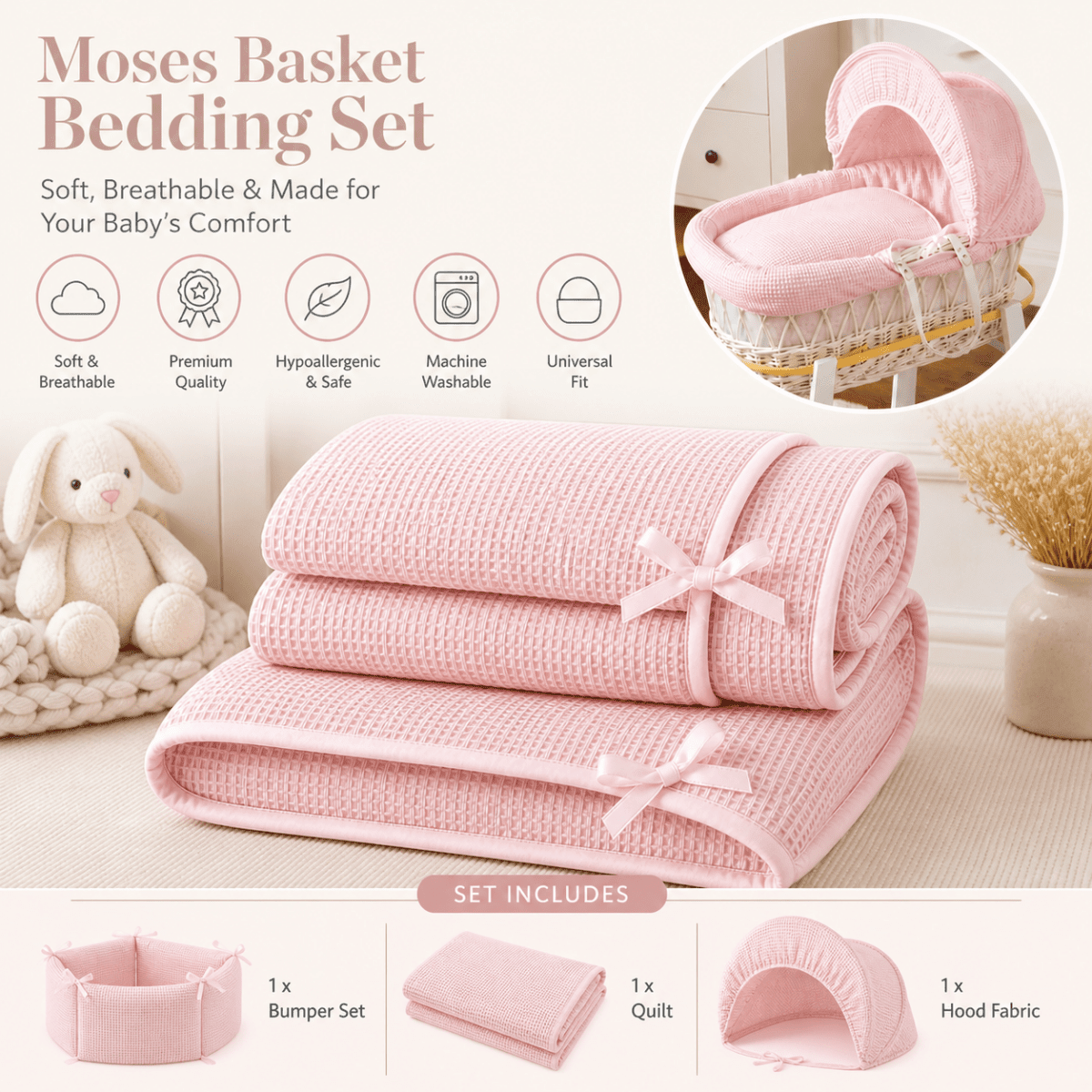 For Your Little One Moses Basket Bedding Set - Pink Waffle (Basket Not Included!) - Baby&More