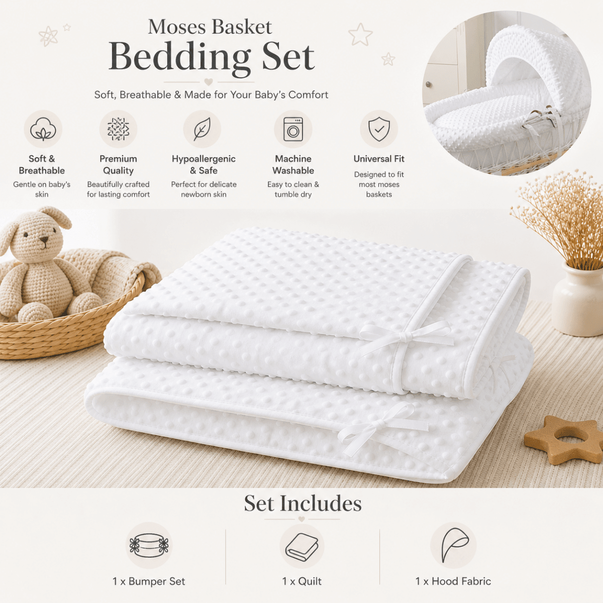For Your Little One Moses Basket Bedding Set - White Dimple (Basket Not Included!) - Baby&More
