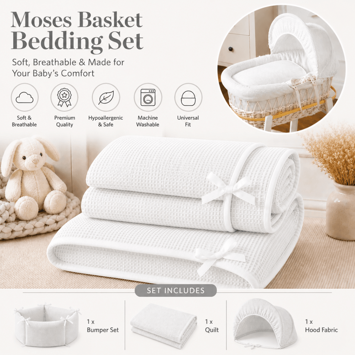 For Your Little One Moses Basket Bedding Set - White Waffle (Basket Not Included!) - Baby&More