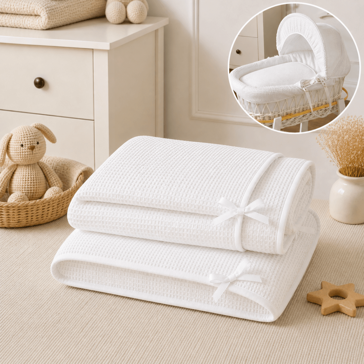 For Your Little One Moses Basket Bedding Set - White Waffle (Basket Not Included!) - Baby&More
