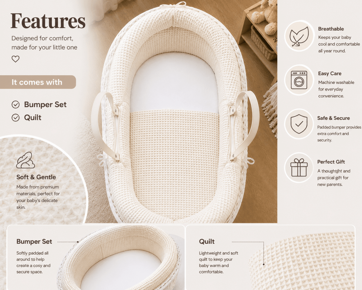 For Your Little One Pod Moses Basket Bedding Set - Grey Waffle (Basket Not Included!) - Baby&More
