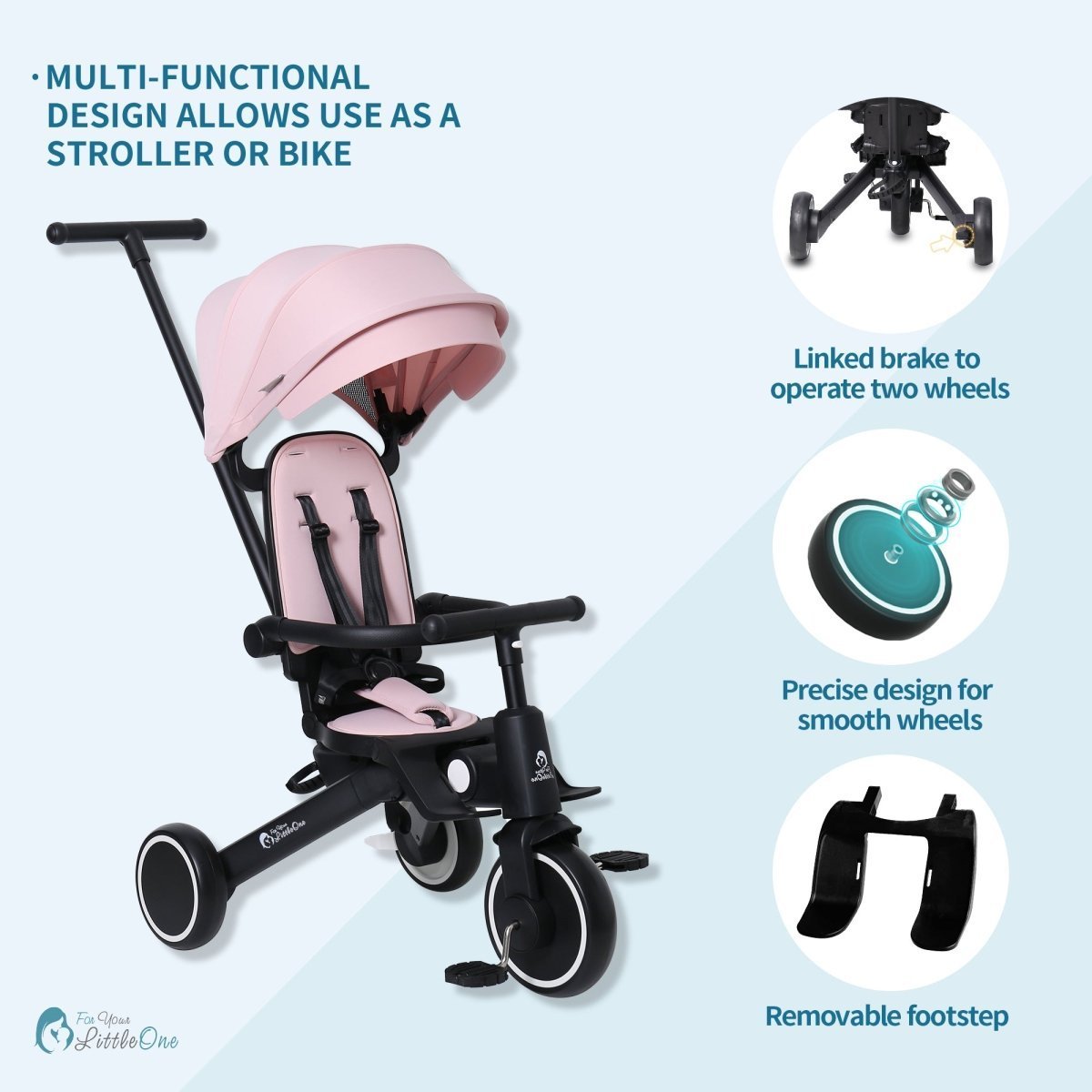 Foryourlittleone Xplor Plus 6 in 1 Foldable Trike - Pastel Pink (10m-4y) - Baby&More