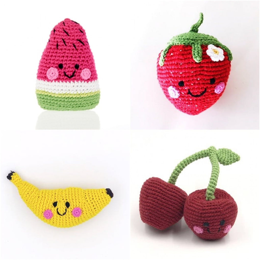 Paquete - Sonajeros de Frutas Amigables - Plátano, Fresa, Sandía y Arándano