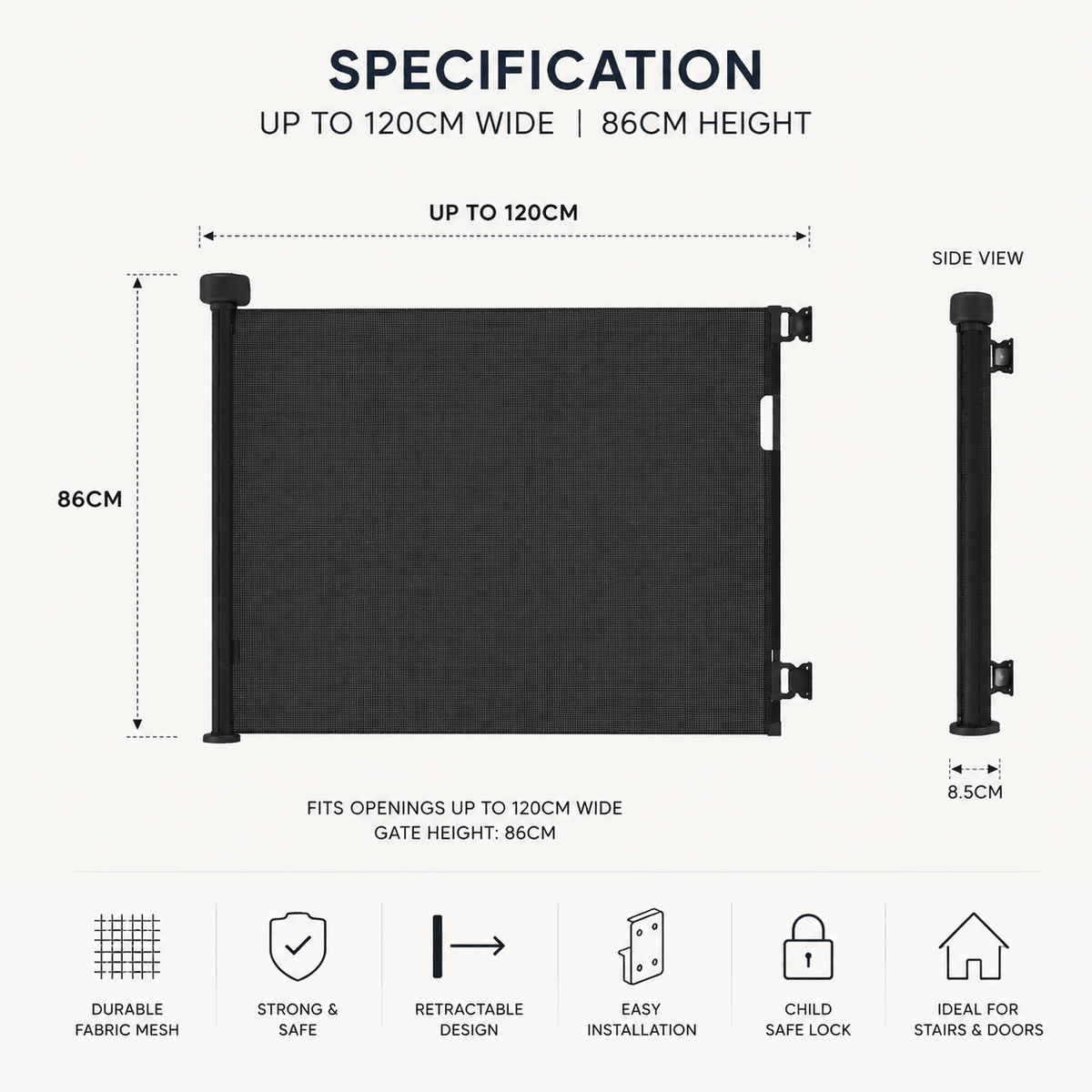 FYLO Premium Baby Fabric Safety Retractable Stair Gate - Black (Upto 120cm Width) - Baby&More